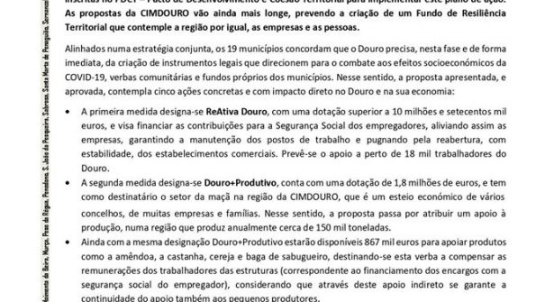 NOTA DE IMPRENSA – CIMDOURO cria pacote de 20 milhões de euros