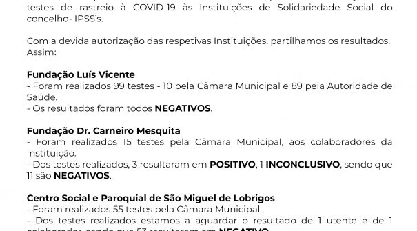 COVID-19 | INFORMAÇÃO – 260 testes de rastreio