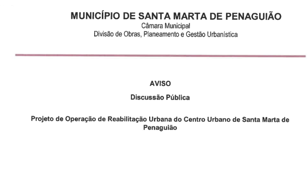 Aviso – Projeto de Operação de Reabilitação Urbana do Centro Urbano de Santa Marta de Penaguião